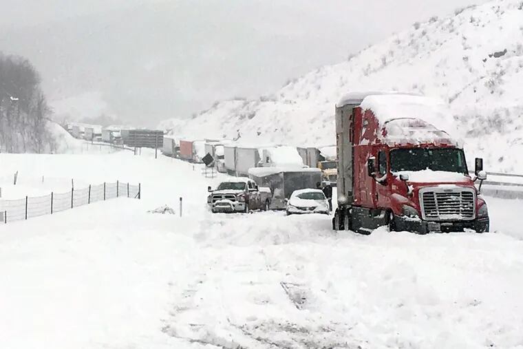 Traffic at a standstill on the Pennsylvania Turnpike near Bedford on Saturday, Jan. 23, 2016.