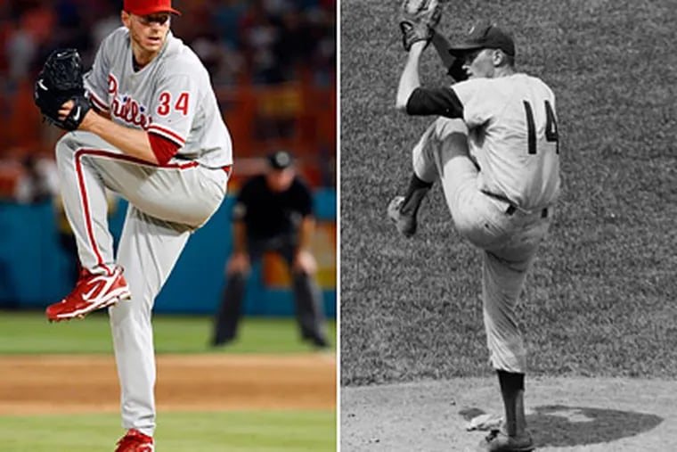 Roy Halladay, left, became the first Phillies pitcher to throw a perfect game since Jim Bunning, right, did it in 1964. (Associated Press)