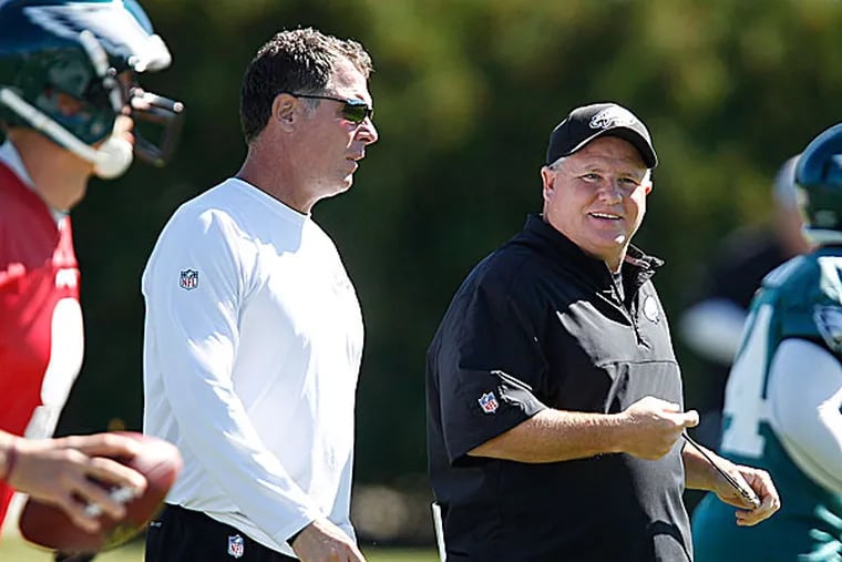 Eagles head coach Chip Kelly and offensive coordinator Pat Shurmur. (David Maialetti/Staff Photographer)
