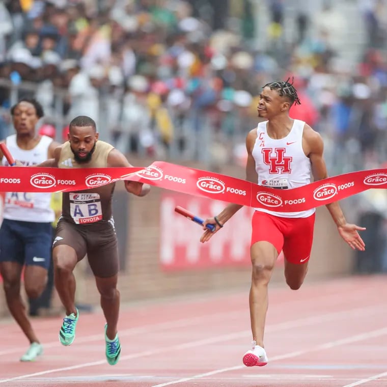 Houston finishes in first in the College Men's 4x100 Championship of America on the third and final day of the 2023 Penn Relays at Franklin Field in Philadelphia on Saturday, April 29, 2023.