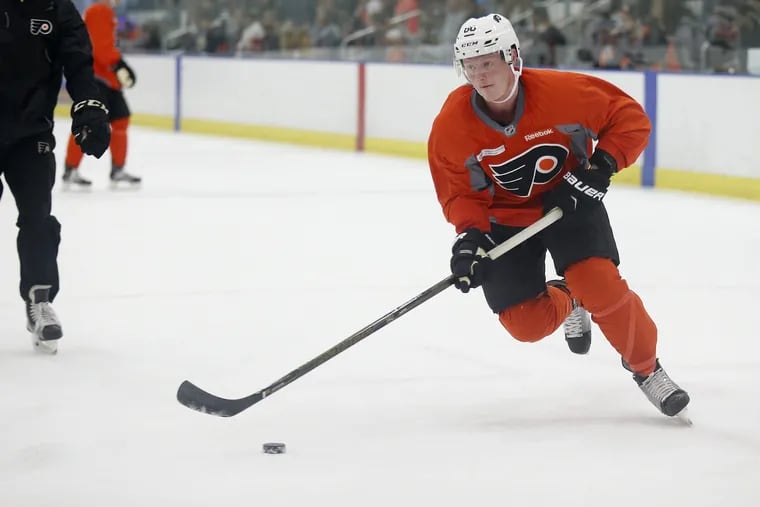 Flyers' Wade Allison skates toward the net during the Flyers' 2017 development camp.
