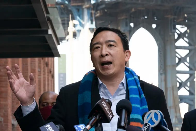 Democratic mayoral candidate Andrew Yang holds a news conference, Thursday, March 11, 2021 in the Dumbo neighborhood of New York.