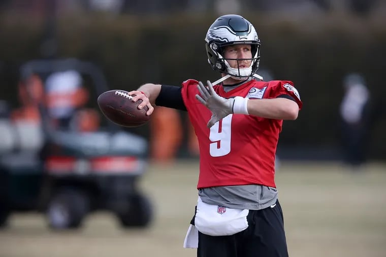 Eagles quarterback Nick Foles (9) warms up at the start of practice at the NovaCare Complex in South Philadelphia on Friday, Jan. 4, 2019. The Eagles play the Chicago Bears in a first-round playoff game Sunday.