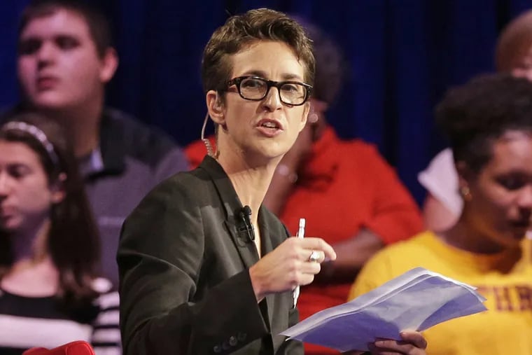 MSNBC host Rachel Maddow, seen here during a 2015 Democratic presidential candidate forum, will be among the moderators of the first Democratic presidential primary debate, which will air on NBC.