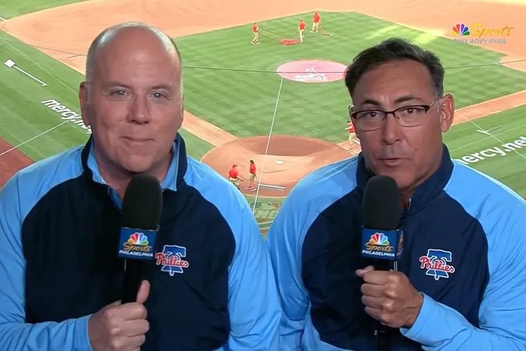 Phillies announcers Tom McCarthy (left) and Rubén Amaro Jr. on NBC Sports Philadelphia.