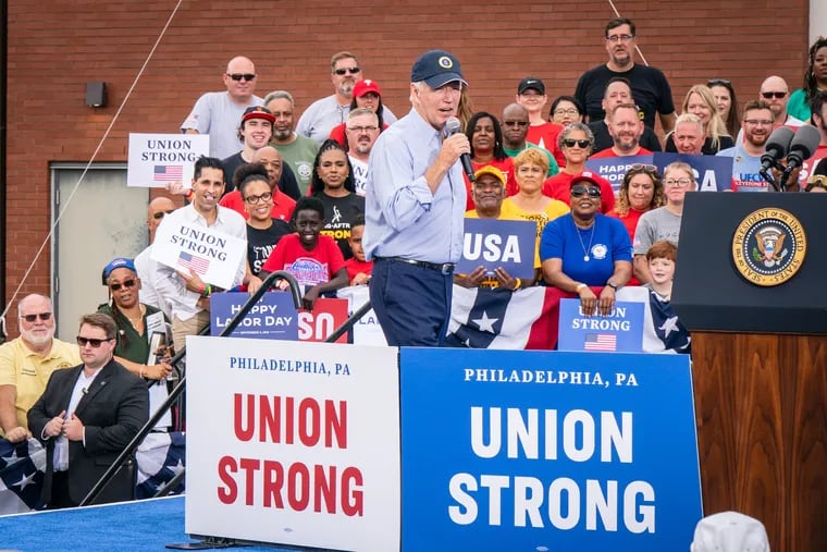President Joe Biden speaks Monday to supporters during a Labor Day rally at the Sheet Metal Workers Local 19 office along Columbus Boulevard in South Philadelphia.