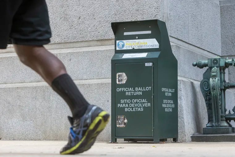 A mail ballot drop box at Philadelphia City Hall.