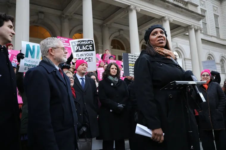 New York Attorney General Letitia James speaks at a news conference and demonstration with pro-choice activists, associated with Planned Parenthood at City Hall against the Trump administrations title X rule change on Feb. 25, 2019 in New York City.