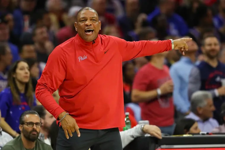 Sixers coach Doc Rivers points talking to his players against the Brooklyn Nets during Game 2 of the first round Eastern Conference playoffs on April 17.
