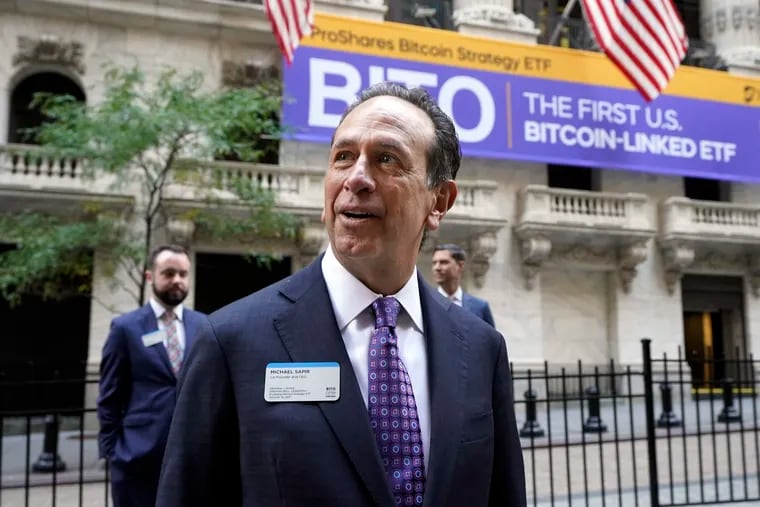 ProShares CEO Michael Sapir outside the New York Stock Exchange before his company is listed on Tuesday. ProShares will launch the country's first exchange-traded fund linked to Bitcoin.