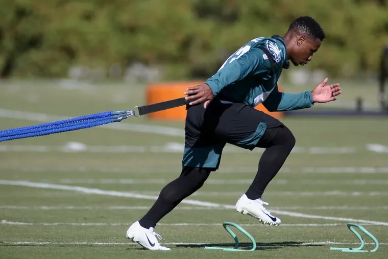 Injured Eagles running back Darren Sproles (43) works out alone during practice at the NovaCare Complex in South Philadelphia on Thursday, Oct. 24, 2019.