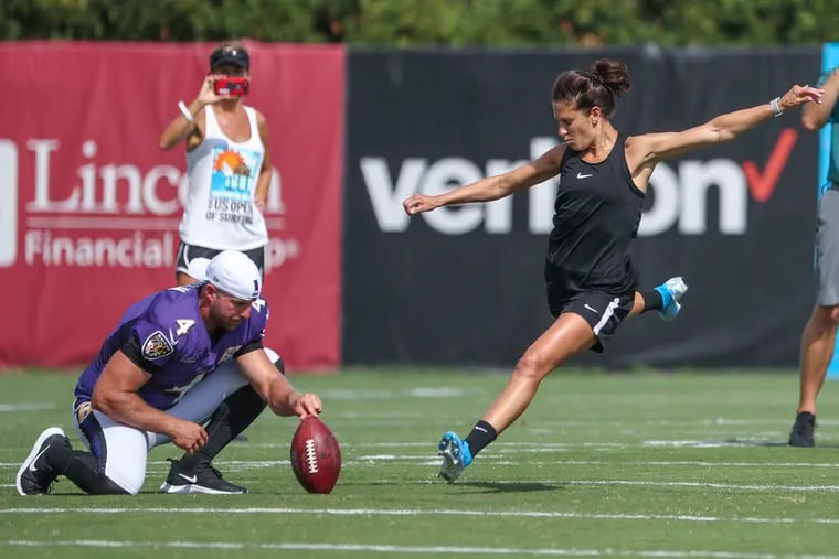 Carli Lloyd kicked a 55-yard field goal during the Eagles' recent joint practice with the Ravens at the NovaCare Complex.