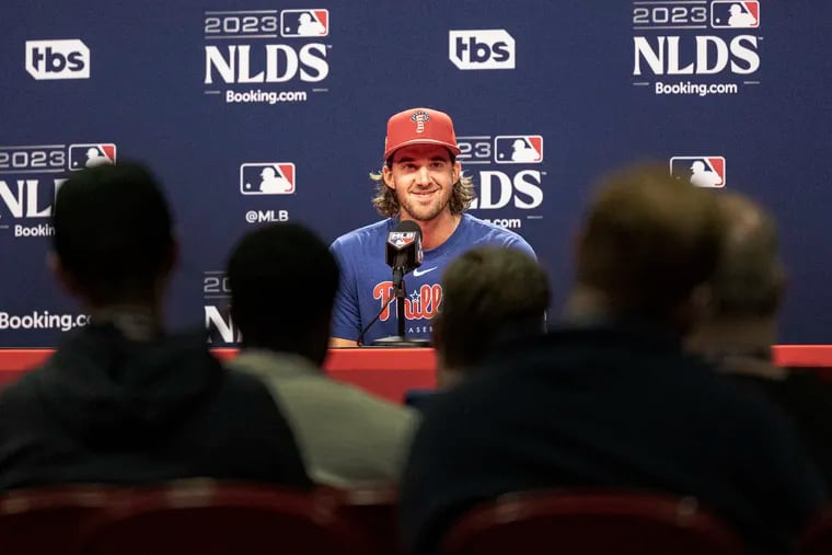 Phillies pitcher Aaron Nola talks with reporters on Tuesday at Citizens Bank Park ahead of his Game 3 start on Wednesday.