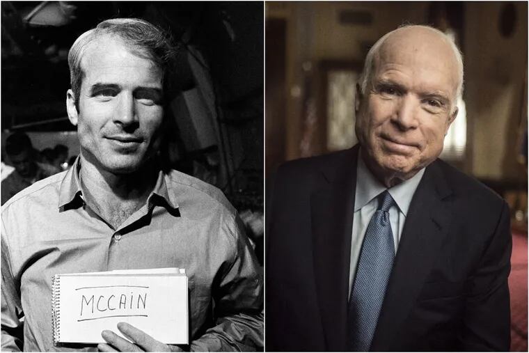 John McCain, at left, after his release from a North Vietnamese prison camp in 1973, and more recently