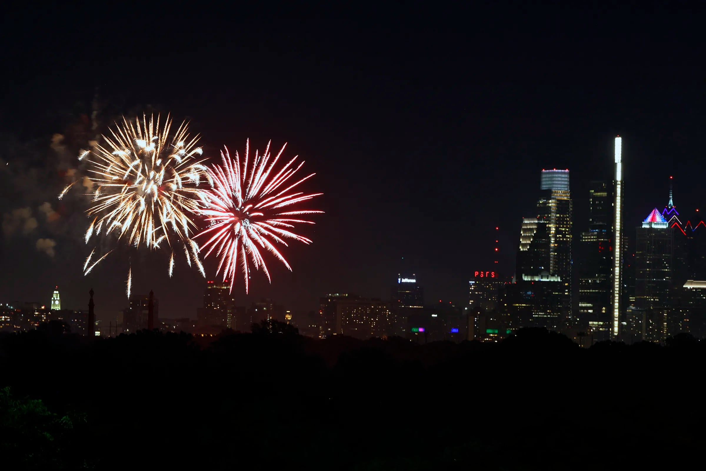 Fireworks at the Art Museum and across the city seen from the Mann Center for the Performing Arts in Phila., Pa. on July 4, 2021.