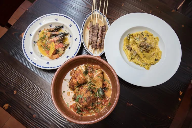 Le Virtu's Restaurant Week menu features a range of eats rooted in the style of Abruzzo cuisine, including head-on prawns (left), spiced lamb skewers (top), hand-cut pasta with sausage, mushrooms, and truffles (right), and pan-roasted chicken with tomatoes, sweet peppers, and Peperoncino (bottom).