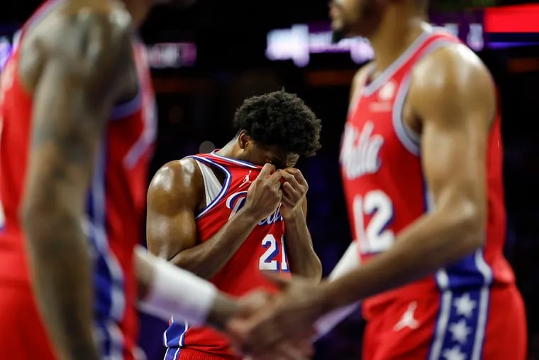 Joel Embiid (center) played the entire second half against the New York Knicks in Game 4. The Sixers are being outscored by 38 points without him on the floor this series.