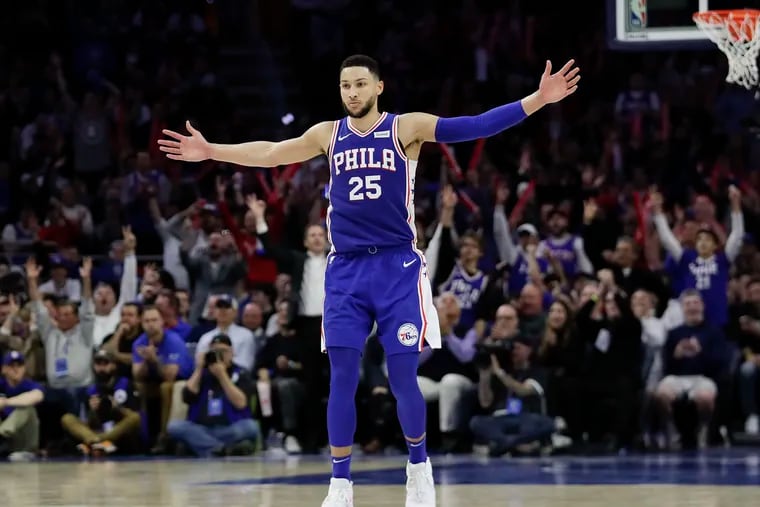 Ben Simmons waves his arms after a fourth-quarter basket during the Sixers' 145-123 win in Game 2 of their first-round playoff series against Brooklyn.