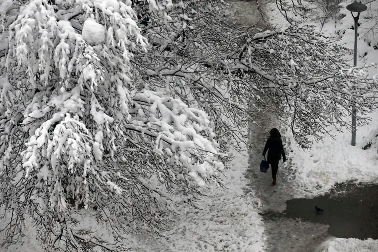 A woman walks through a snow covered park in Belgrade, Serbia, Monday, Dec. 17, 2018. Serbia and neighboring countries have been blanketed with snow in the past few days, which has slowed down traffic, disrupted power supplies and blocked access to some remote villages. (AP Photo/Darko Vojinovic)