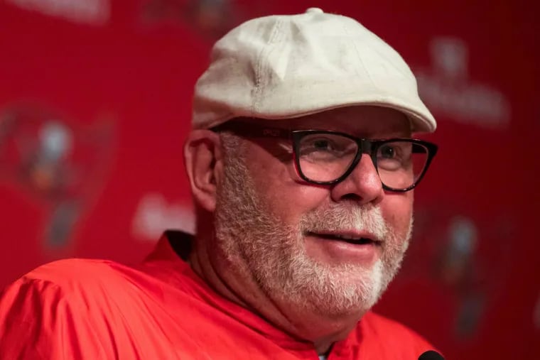 Bucs coach Bruce Arians addresses the media in his trademark Kangol hat.