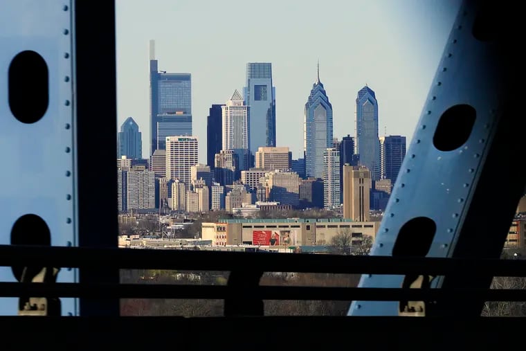 The Philadelphia skyline as seen from I-95 northbound on the Girard Point Bridge in Philadelphia on March 7, 2020.