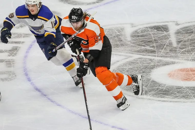 Jake Voracek carries the puck through the neutral zone during the third period of the Flyers' 3-0 loss to St. Louis Monday night at the Wells Fargo Center.