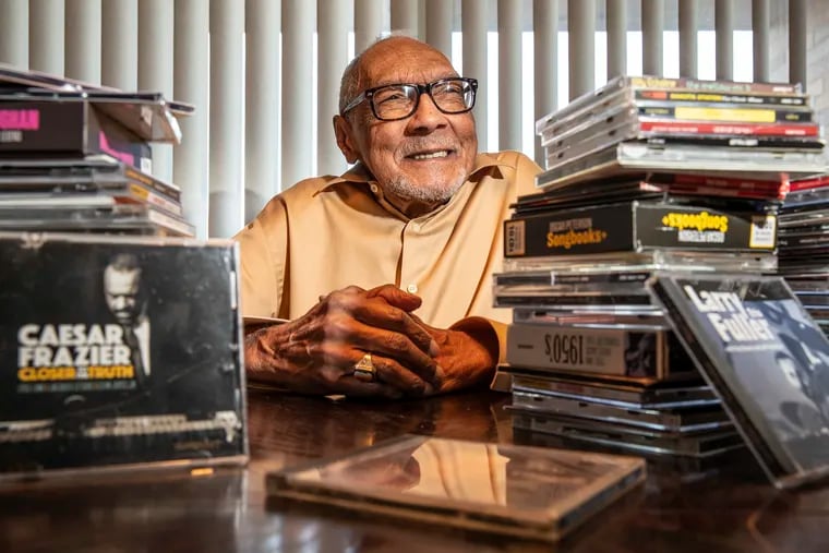 WRTI's legendary jazz host, Bob Perkins, is surrounded by his cd collection of jazz recordings in his home in Wyncote in 2019.
