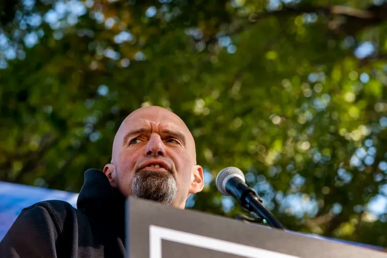 Democratic candidate for the U.S. Senate John Fetterman appears at a rally in Lions Park in Bristol, Bucks County, last week.