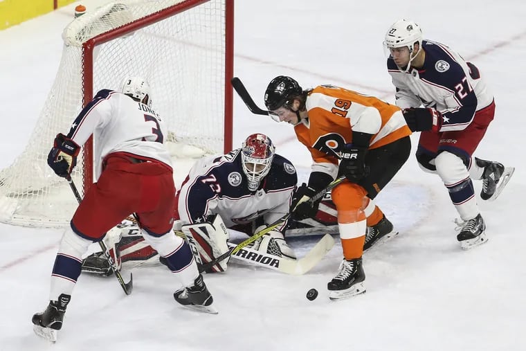 Columbus' Sergei Bobrovsky stops Nolan Patrick during a game against the Flyers last season. For the most part, the goaltender has been superb against his former team.
