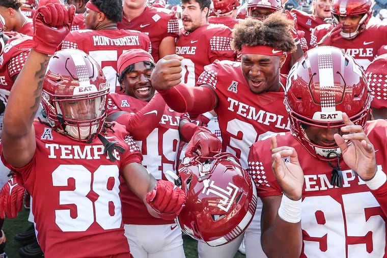 Temple celebrates a season-opening 24-21 win over Akron at Lincoln Financial Field on Saturday.