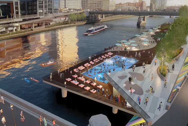 A rendering of the proposed water park that University City District wants to build on the banks of the Schuylkill.
