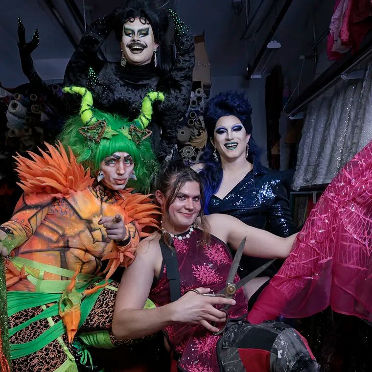 Drag performers “Henlo Bullfrog” Joy Taney (front left), “Miss Thing” Cy Rockoff (top left), Sabine Strosser (front right) and “Iris Spectre” Dylan Kemp (top right) at Fleishman Fabrics & Supplies, 737 S 4th St in Philadelphia on Wednesday, April 17, 2024. The drag queens designed several of Sapphira Cristál's "RuPaul's Drag Race" runway looks with the fabrics and materials coming from Fleishman’s.