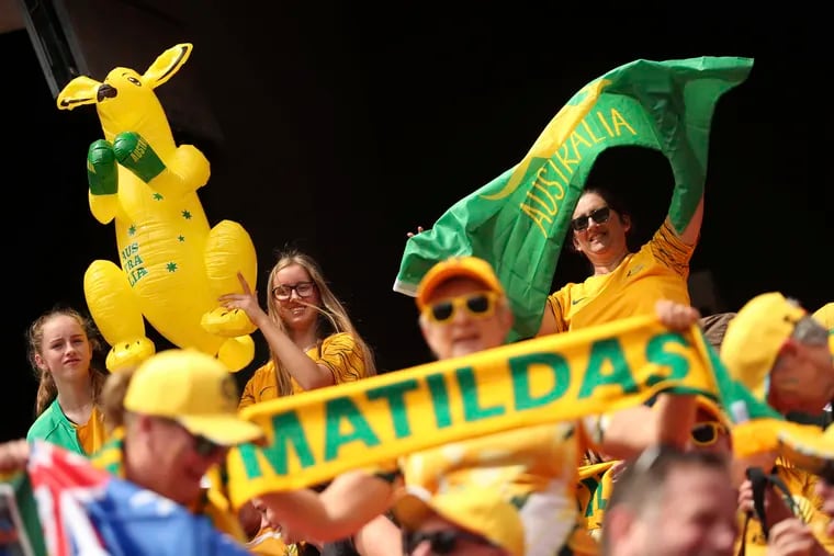Australia's fans cheer for their team prior the start of the Women's World Cup Group C soccer match between Australia and Italy at the Stade du Hainaut in Valenciennes, Sunday, June 9, 2019. (AP Photo/Francisco Seco)