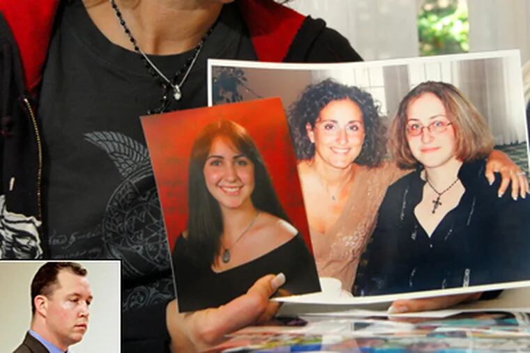 In this file photo, Maria Caiafa, of Marmora, N.J., holds photos of her late daughters Christina, 19, (left) and Jacqueline Becker, 17, (right). Trooper Robert Higbee testified Monday he did not see the stop sign that he ran, when he struck a minivan, killing two girls. (AP Photo/Mary Godleski,file)