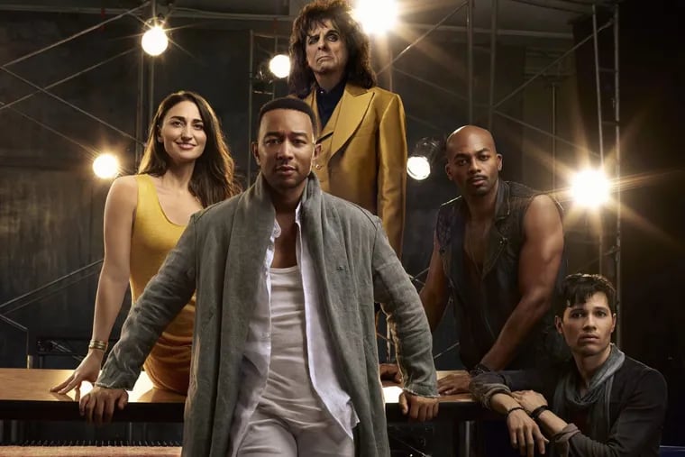This image released by NBC shows, clockwise from foreground center, John Legend as Jesus, Christ Sara Bareilles as Mary Magdalene, Alice Cooper as King Herod, Brandon Victor Dixon as Judas Iscariot and Jason Tam as Peter from the NBC production, &quot;Jesus Christ Superstar Live In Concert,&quot; airing at 8 p.m. April 1