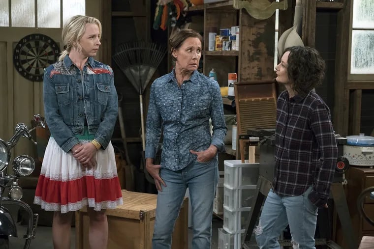 Lecy Goranson (left),  Laurie Metcalf, and Sara Gilbert in a scene from "The Conners"