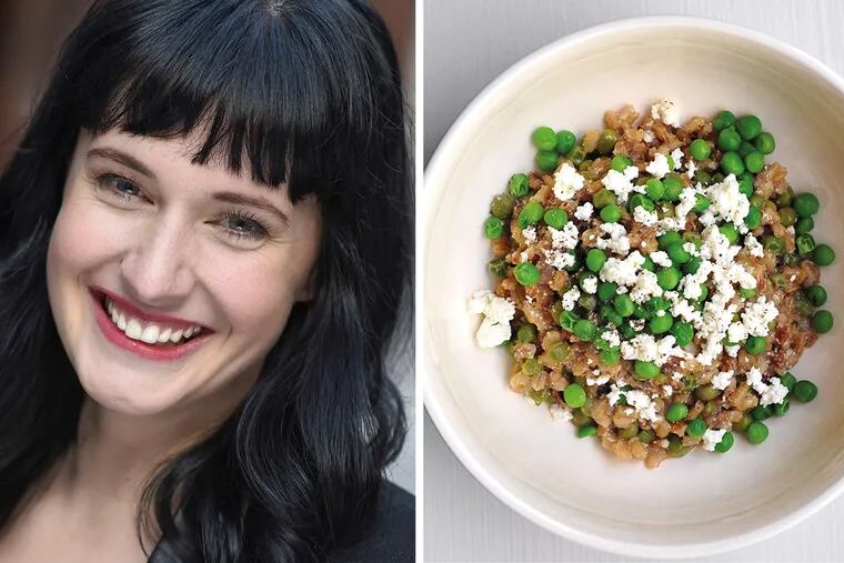 (L) Leanne Brown's book gives low-income cooks a place to start. (R) Barley risotto made with peas and ricotta cheese is a whole-grain alternative to the Italian classic in "Good and Cheap."