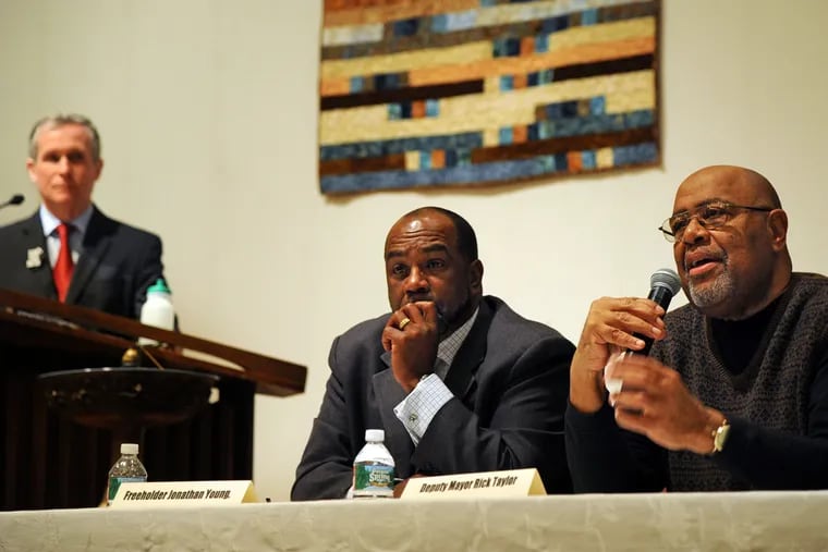Pennsauken Deputy Mayor Rick Taylor speaks during the forum at Cherry Hill's Unitarian Universalist Church, which also included moderator Rohn Hein (left) and Camden County Freeholder Jonathan Young Jr.