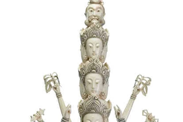 Among 90 lots of ivory is this imposing 20th-century Bodhisattva figure, 44 inches high with a presale estimate of $15,000 to $20,000.
