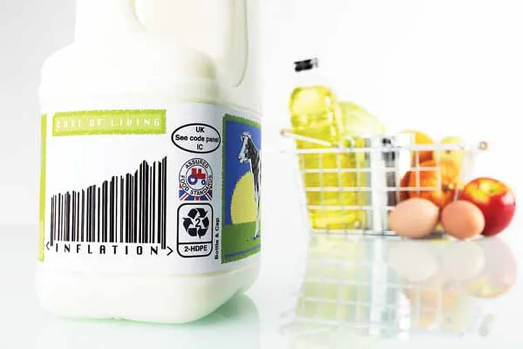 Barcode, with ascending inflation rate, on mockup of milk carto. basket of groceries in the background. credit  iStockphoto.com / Nick Baker