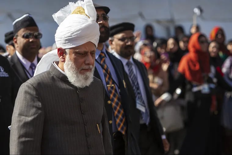 Mirza Masroor Ahmad, international leader of the Ahmadiyya Muslim community, arrives at the Baitul Aafiyat Mosque in North Philadelphia, 2018.