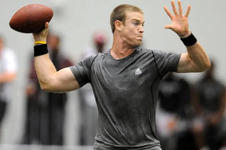 Texas A&M quarterback Ryan Tannehill throws a pass during his pro day on Thursday. (AP/Bryan-College Station Eagle)