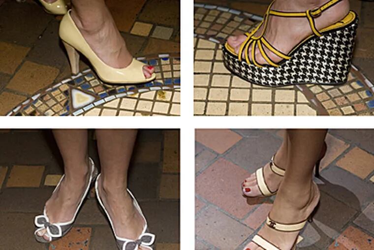 Fashions seen at the mayor's 'Sex and the City' party at Bookbinders included (clockwise, upper left), Nine West peep-toe heels, YSL houndstooth wedges, Chanel high heels and Anne Klein flats.  (Ed Hille / Inquirer)
