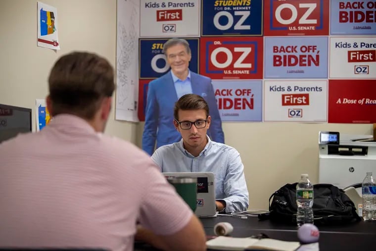 Campaign workers gather at the Mehmet Oz headquarters in Bryn Athyn.