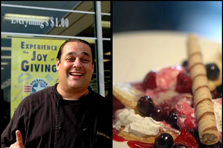 Chef Derek Davis put in some shopping time at the Dollar Tree in Roxborough and then made an impressive dinner for eight people. His dessert was a chocolate chip crepe with berries and whipped cream.