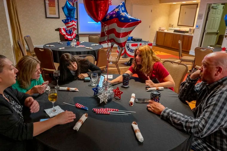 Friends and supporters of Ian Smith, a candidate in the Republican primary in New Jersey’s Third Congressional District watch early returns come in.