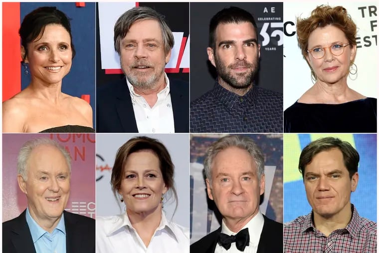 This combination photo shows actors, top row from left, Julia Louis-Dreyfus, Mark Hamill, Zachary Quinto, Annette Bening and bottom row from left, John Lithgow, Sigourney Weaver, Kevin Kline and Michael Shannon, who participated in a live reading of passages from the Mueller report for "The Investigation: A Search for the Truth in Ten Acts," be streamed on the Law Works website. (AP Photo)