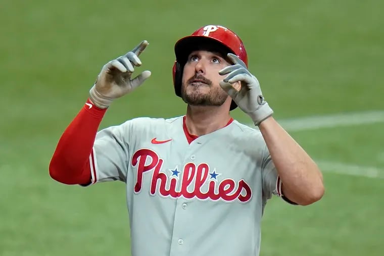 Philadelphia Phillies' Matt Joyce reacts after his solo home run off Tampa Bay Rays relief pitcher Jeffrey Springs during the seventh inning on Saturday, May 29, 2021, in St. Petersburg, Fla. It was Joyce's first hit since April 20.