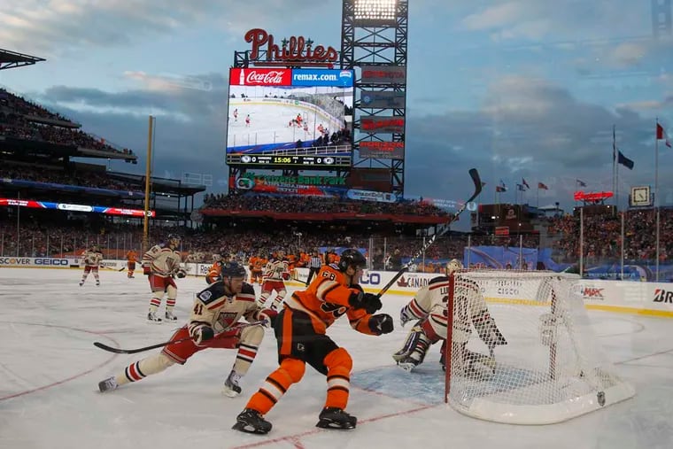 Flyers right winger Jaromir Jagr tries to get to the puck in the 2012 Winter Classic against the New York Rangers at Citizens Bank Park.