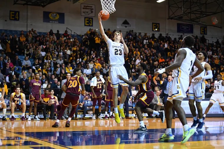 La Salle freshman forward Brandon Stone goes up for a basket during the Explorers' 70-64 win over Iona at Tom Gola Arena on November 9, 2019.